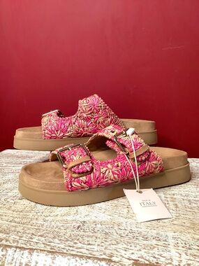 CHRISTINA FRANCHINI Hot Pink & Tan 2 Strap Slide Raffia Sandal HANDMADE IN ITALY